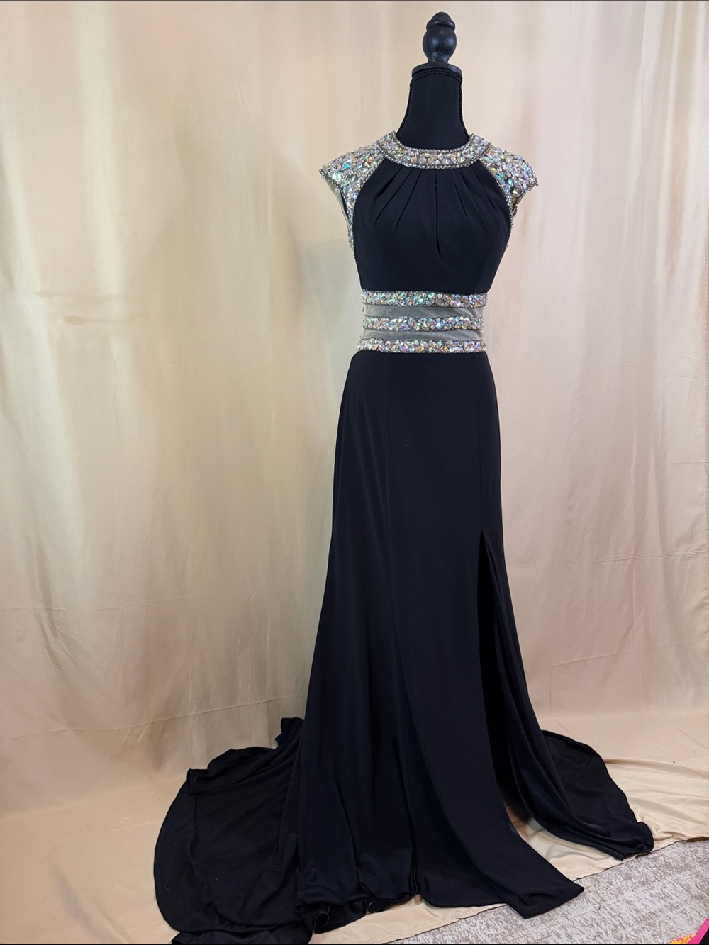 Envious Elegant Black Evening Gown with Crystal Embellishment